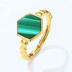 Hexagonal Green Malachite Honeycomb Opening Sterling Silver Ring