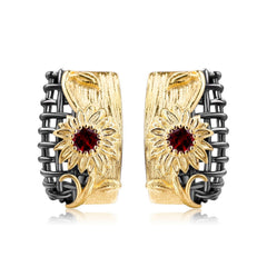 Italian Craft Vintage Style Inlaid Natural Colourful Gemstone Floral Design Silver Studs Earrings for Women