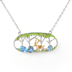 Natural Style Inlaid with Colourful Gemstone Little Deer Pendant Sterling Silver Necklace for Women