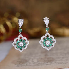 Lab-Created Emerald Flower Silver Drop Earrings