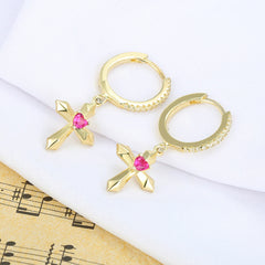 Cross with Red Corundum Silver Hoop Earrings for Women