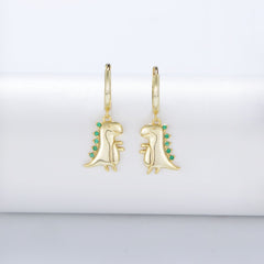 Small Dinosaur with Green Zircon Silver Hoop Earrings for Women