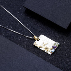 Chinese Style Inlaid Natural Colourful Gemstone Bamboo Rectangle Pendant Sterling Silver Necklace for Women
