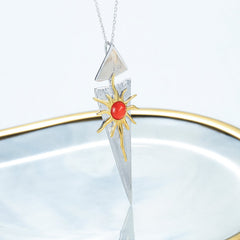 Creative Design Jewelry Inlaid Red Agate Sun Goddess Pendant Sterling Silver Necklace for Women