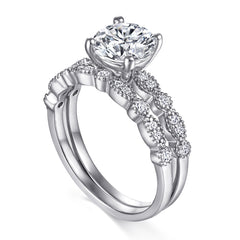 Four Prongs Round Zircon with Beading Silver Ring Set for Women