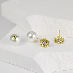 Flower with Zircon Round Pearl Silver Studs Earrings for Women