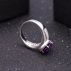 Natural Amethyst Court Style Oval Soleste Halo Modern Split Shank Silver Ring for Women