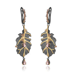 Italian Design Inlaid Natural Crystal Leaf Shape Silver Drop Earrings for Women