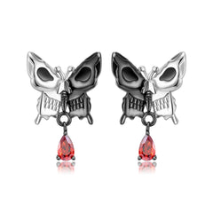 Halloween Double Sided Skull Face Butterfly Pear Shape Red Zircon Silver Stud Earrings