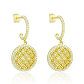 Quatrefoil Pattern Round Disc Pendant C Shape Zircon Sterling Silver Drop Earrings