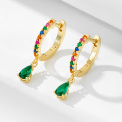 Pear Shape Green Zircon Pendant Rainbow Sterling Silver Hoop Earrings