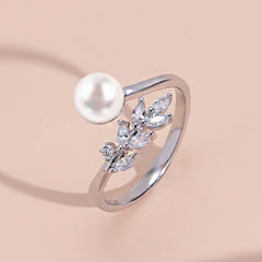 Zircon Leaf Pearl Opening Sterling Silver Ring