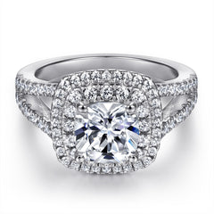 Cushion Cut Zircon Double Soleste Halo Split Shank Silver Ring for Women