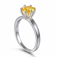 Yellow Zircon Six Prongs Solitaire Silver Ring