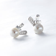 Freshwater Pearl Cute Rabbit with Zircon Silver Stud Earrings for Women
