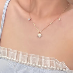 Zircon Shell Pendant with Pearl and Starfish Silver Necklace for Women