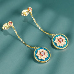 Long Tassel Lotus Round Disc Pendant Red Zircon Sterling Silver Drop Earrings