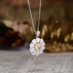 Flower Halo Oval Cut Yellow Zircon Silver Necklace