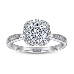 Round Zircon Flower Four Prongs Silver Ring