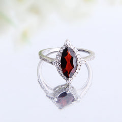 Marquise Shape Natural Garnet Stylish Halo Silver Ring