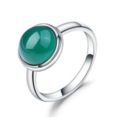 European Green Agate Solitaire Round Shape Silver Ring for Women