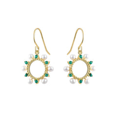 Hollow Circle with Green Zircon and Pearl Silver Drop Earrings for Women