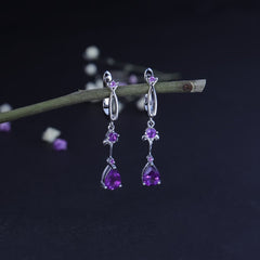 European Inlaid Natural Amethyst Long Style Silver Drop Earrings for Women