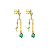 Green Zircon Bamboo Leaf Silver Drop Earrings for Women