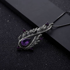 Italian Craft Design Sense of Dark Retro Style Natural Amethyst Pendant Silver Necklace for Women