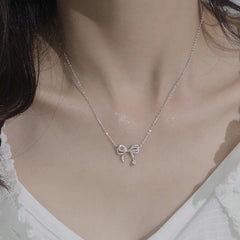 White Zircon Bowknot Pendants Collarbone Necklace for Women