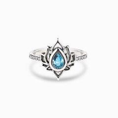Pear Shape Blue Zircon Lotus Opening Sterling Silver Ring