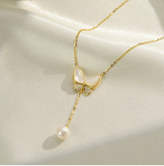 Butterfly Tassel Pearl Silver Necklace