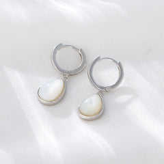 Water Drop Natural Mother of Pearl Pendant Silver Hoop Earrings for Women