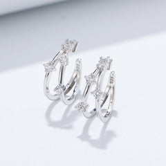 Double C-shape with Zircon Silver Earbone Clip Earrings for Women