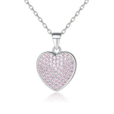 Full Pink Zircon Heart Pendant Silver Necklace for Women