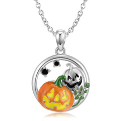 Halloween Jack-O-Lantern Circle Pendant Silver Necklace