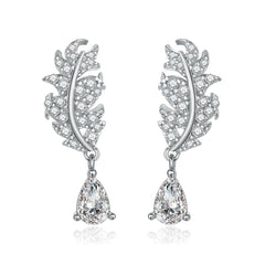 Pear Shape Zircon Pendant Feather Sterling Silver Drop Earrings