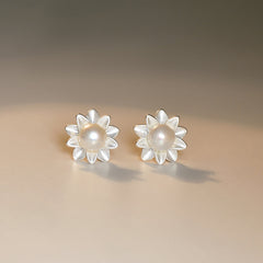 Frosting Flower with Freshwater Pearl Silver Stud Earrings for Women