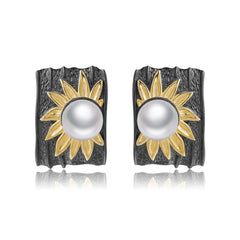 Natural Freshwater Pearl Rectangle with Sunflower Silver Studs for Women
