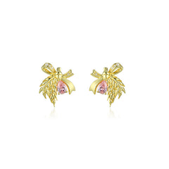 Pink Zircon Bowknot Silver Studs Earrings for Women