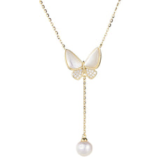 Butterfly Tassel Pearl Silver Necklace