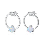 Round Opal Small Zircon Circle Hoop Sterling Silver Stud Earrings