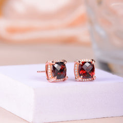 Soleste Halo Square Natural Red Garnet Silver Stud Earrings