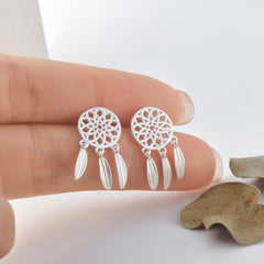 Feather Grid Dream Catcher Polished Sterling Silver Drop Earrings