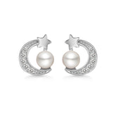 Zircon Moon Star with Freshwater Pearl D Shape Silver Stud Earrings for Women