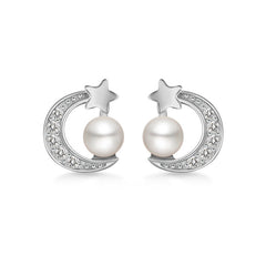 Zircon Moon Star with Freshwater Pearl D Shape Silver Stud Earrings for Women