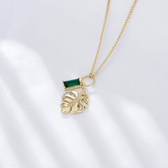 Leaf with Emerald Zircon Pendant Sterling Silver Necklace for Women