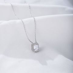 Emerald Shape Zircon Soleste Halo Pendant Sterling Silver Necklace for Women