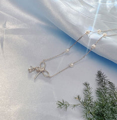 (Two Colours) White Zircon Bowknot with Beading Natural Pearl Pendants Collarbone Necklace for Women