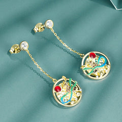 Coloured Deer Tassel Round Pendant Zircon Sterling Silver Drop Earrings